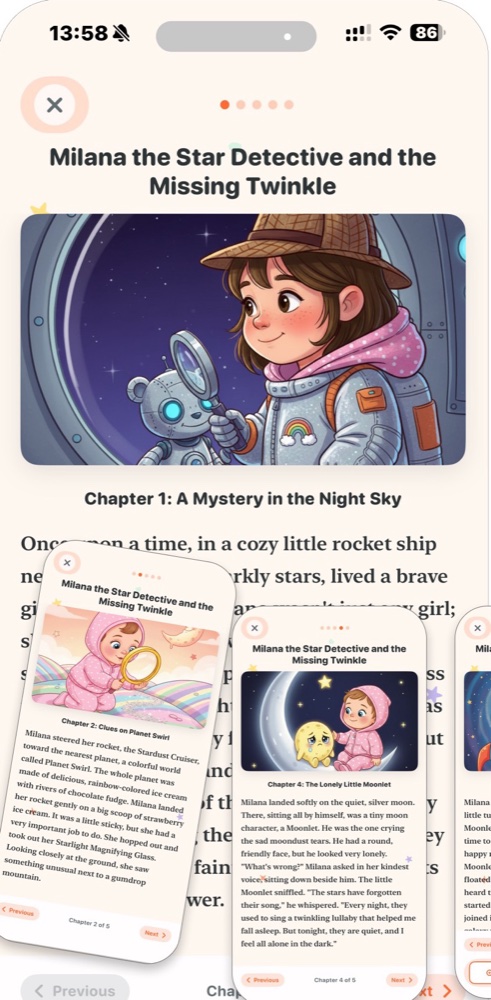 My Baby is Hero app: reading an illustrated chapter of a personalized story